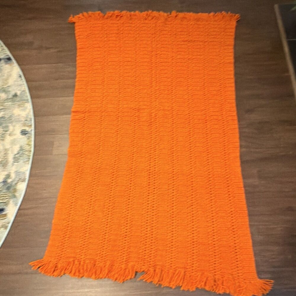 Handmade Crochet Orange Fringed Sofa Throw Blanket Rectangle Solid - Picture 4 of 4